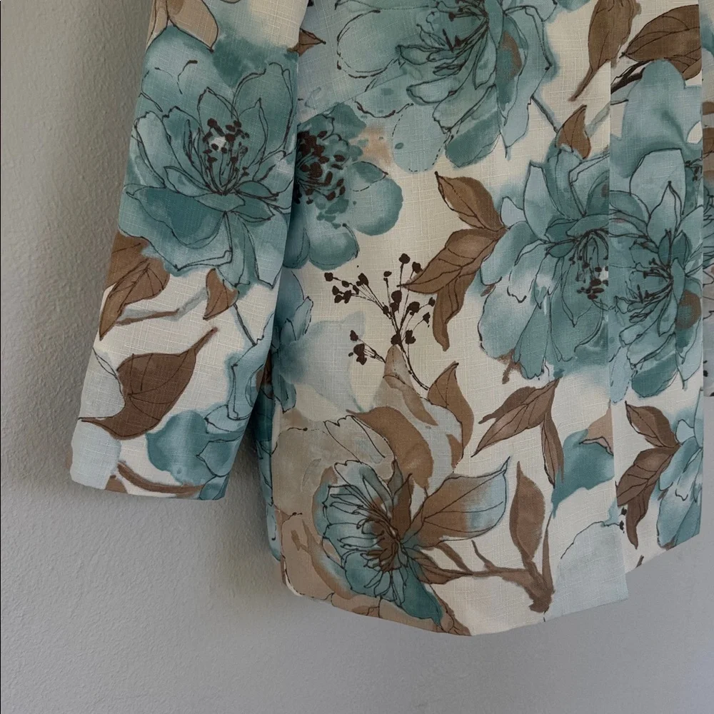 Vintage Alfred Dunner blue tan floral print drape style blazer jacket size 8